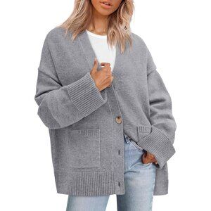 Classic Button Down Oversized Cardigan for Women - Stylish Grey Knit Sweater